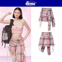 Chân váy chữ A đẹp DKMV màu hồng họa tiết caro thiết kế tay áo giả đan chéo đáng yêu Tie Button Skirt | K21-V3