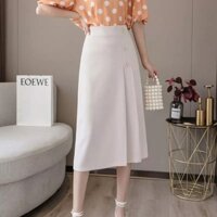 Chân Váy Chữ A xếp ly lệch dáng dài đính cúc - nâu tây,L