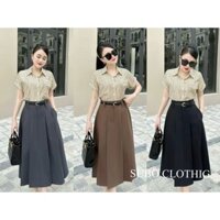 Chân váy công sở SUBO dáng dài phối xếp ly có túi 2 bên kèm đai