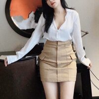 chân váy da cạp cao đắp túi