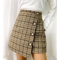 Chân váy dạ caro dáng chữ A vạt chéo 2 lớp