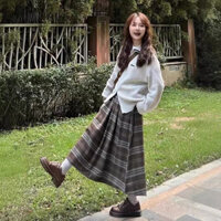 Chân váy dạ mỏng xoè kẻ caro rằn ri vintage hàng cao cấp