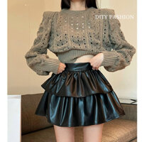 Chân váy da xếp ly dáng xòe ngắn 2 tầng, Chân váy lưng cạp cao SEXY có lót trong UNV09