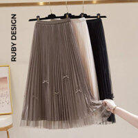 Chân váy dài , chân váy xếp ly voan đính nơ ngọc mặc được 2 Kiểu hàng QC loại 1 màu đen kem nâu xanh - RUBY DESIGN - Hàn