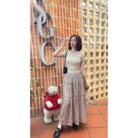 Chân váy dài, chân váy xoè dáng rộng hoa bông xinh xắn maxi 90cm mặc đi biển đi chơi du lịch màu đen trắng hồng