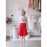 CHÂN VÁY DÀI MÀU ĐỎ PHỐI NÚT FOM XÒE SIÊU XINH