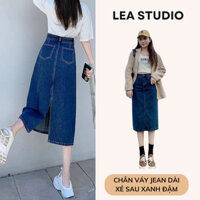 Chân váy dài Midi Jean lưng cao dáng chữ A  màu xanh đậm - Váy Bò dài Cạp cao Ulzzang - Lea.studio