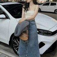 Chân váy dài qua gối cạp cao, chân váy jean midi phong cách tua gấu_a25