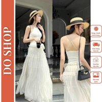 Chân váy dáng dài thiết kế nhún tầng đính hoa (hàng đẹp) sang chảnh , Chân váy dáng dài đi biển mã C7