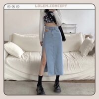 Chân Váy Demin Bò Dáng Dài Cạp Cao Xẻ Đùi Trendy Hàng Quảng Châu