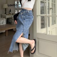 Chân váy denim Lovito midi bút chì phối dây kéo xẻ tà màu trơn thường ngày cho nữ LNE09203 (Xanh dương)