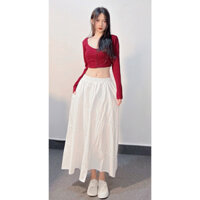Chân váy denim trắng xoè vạt xéo