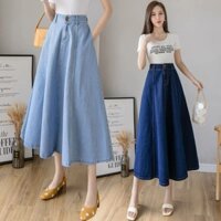 Chân váy denim xòe to dáng dài 2 khuy cho nữ hàng QC, Chân váy bò xòe dài 2 khuy cho nữ
