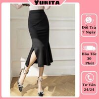 Chân Váy Đuôi Cá Công Sở Yurita Váy Dáng Dài Qua Gối Màu Đen Form Ôm Body Lưng Cao Xẻ Tà