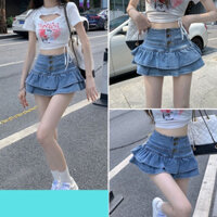 chân váy jean 2 tầng lưng cao mini skirt vải dày dặn