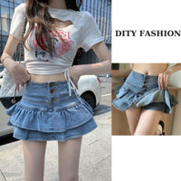 Chân váy jean 2 tầng ngắn xoè lưng cao, Chân váy ngắn jeans phối cúc hàn quốc màu xanh UNV14