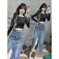 Chân váy jean (bò) xẻ rua dáng dài lưng cao phong cách Hàn Quốc