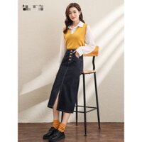 Chân Váy Jean Cạp Cao Dài Qua Gối Xẻ Trước Nút Cài Dáng A_A2