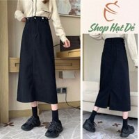 Chân váy jean cạp cao dáng dài qua gối chân váy bò kaki xẻ sau A6 Shop Hạt Dẻ