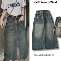 Chân váy jean chữ A HYDI dáng dài rách túi sau , chân váy bò xẻ tà phong cách basic lưng cao , ôm eo hack dáng