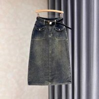 Chân váy jean dài cạp cao, chân váy bò túi gập không kèm thắt lưng mẫu mới 2024