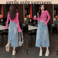 Chân váy jean dài dáng chữ A , chân váy bò sẻ tà đai phối màu cực xinh đơn giản dể phối đồ -Huyền Diệu Boutique
