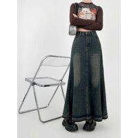 Chân váy jean dài dáng chữ A phong cách retro nữ, chân váy bò dài chất liệu jean dày dặn có đường line C85