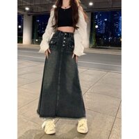 Chân váy jean dài dáng chữ A phong cách retro nữ, chân váy bò dài chất liệu jean dày dặn phối hàng cúc Q c52
