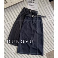 Chân váy jean dài đen chỉ trắng kèm belt 60136 (83cm)