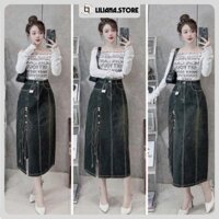 Chân váy jean dài LILIANA STORE chân váy chữ a cạo cao tôn dáng màu đen rêu size S M L 2590