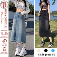 Chân váy jean dài MINA cạp điều chỉnh độ rộng bụng phong cách, váy jean bò dáng dài cạp cao thanh lịch A14