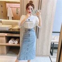 Chân váy jean dài qua gối màu xanh đá co dãn mạnh 3170