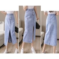 Chân Váy Jean Dài Qua Gối Xẻ Lệch Phong Cách. Chân Váy Bò Dáng Dài Xẻ Lệch Nút Cài Cá Tính
