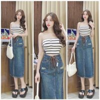 CHÂN VÁY JEAN DÀI RÁCH TÚI CỘT DÂY