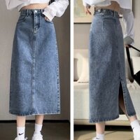 Chân váy jean dài xẻ tà cạp cao chữ a dáng xòe, chất bò đẹp xịn màu xanh cá tính phong cách Hàn Quốc, đủ size SML