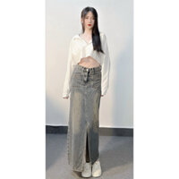 Chân váy jean dài xẻ tà trước