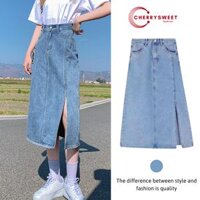 Chân váy jean dài xẻ tà CHERRYSWEET cạp cao chữ a dáng xòe, chất bò đẹp xịn màu xanh cá tính T085