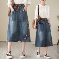 Chân váy jean Dáng Chữ A Lưng Cao Co Giãn Tốt Thêu Họa Tiết Thổ Cẩm Dễ Thương