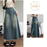 Chân váy jean dáng dài cạp cao CRESILIA. Chân váy bò chữ A xẻ sau cao cấp tôn dáng thanh lịch A42