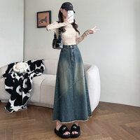 Chân váy jean dáng dài cạp cao. Chân váy bò chữ A cao cấp tôn dáng thon gọn thanh lịch A42