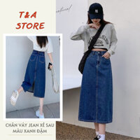 Chân váy jean dáng dài chữ A, chân váy bò màu XANH ĐẬM xẻ tà sau thời trang
