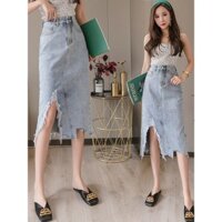 chân váy jean demin dáng dài cạp cao rách xẻ tà