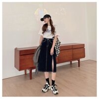 chân váy jean/ denim A-line xẻ tà SẴN