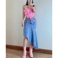 Chân váy jean denim bất đối xứng cao thấp (hình thật)