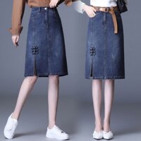 Chân váy jean denim dài ngang gối lưng cao dáng a xẻ tà phối nơ cực nữ tính YDIQI