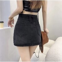 Chân váy jean denim lưng cao đai Hàn Quốc dáng chữ A có quần trong