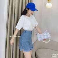 Chân váy jean denim lưng cao phối đuôi cá bèo nhún cá tính, váy jean nữ phối nút