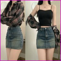 Chân váy jean denim, váy chữ A, nữ cổ điển 2024 sành điệu đa năng, che hông, eo cao, co giãn tốt, mềm mịn, giúp thon gọn