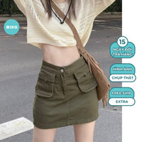 Chân váy jean kaki body túi hộp Miho House