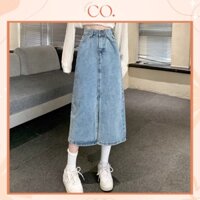 Chân váy jean, kaki cạp cao dài qua gối, chân váy midi chỉnh cạp phong cách_a23